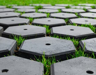 Hexagonal paving stones in grass