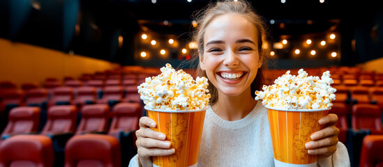 Smiling girl with two buckets of popcorn in movie theater