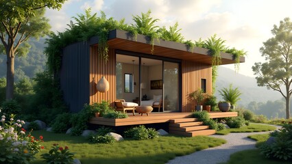 Off-Grid Living Pod with Rainwater Harvesting and Rooftop Garden