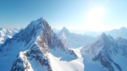 Aerial FPV Drone View of Snow-Covered Alpine Ridge in Bright Sky