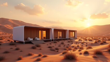 Modular Smart Home Cluster in Desert Landscape at Sunset