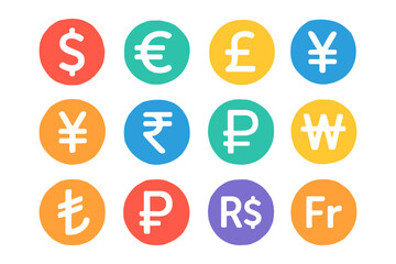 Colorful currency symbols set in modern flat design circles