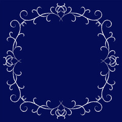 Lacy square frame with place for text. Curved intertwined lines and curls. Texture ornamental white frame on dark blue background. Refine elegance design card, page, etc.
