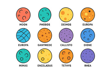 Colorful planetary icons featuring moons and satellites of the solar system