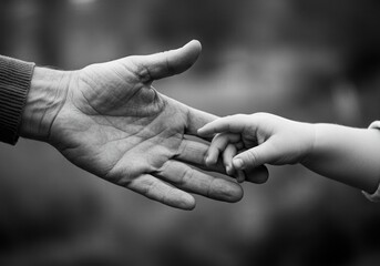 Fototapeta premium A parents hand reaches out to a childs hand in a touching black and white image