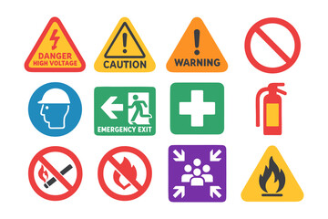 Collection of safety sign icons: caution, warning, emergency exit, fire safety