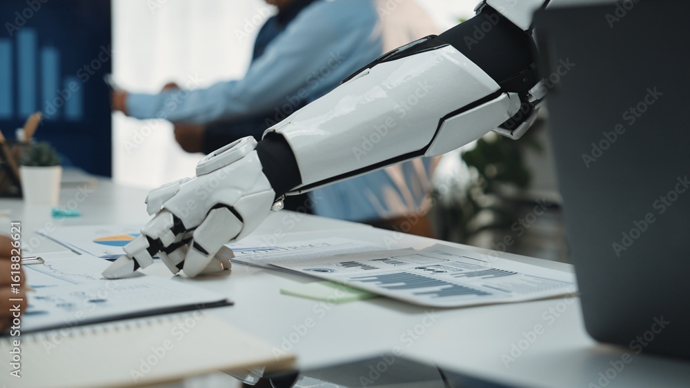 Poster a robotic arm interacts with business analysts in a modern workspace, highlighting collaboration in 