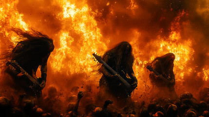 Devils perform on trash metal concert in hell, fire everywhere