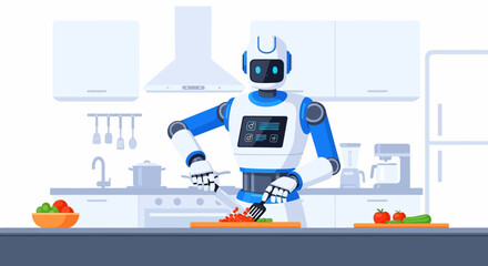 Futuristic Robot Chef Preparing Food in a Modern Kitchen Setting
