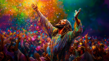 Hippie man looking like Jesus Christ in a field