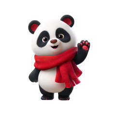 Obraz premium Cute panda mascot waving, wearing a red scarf, friendly expression, 3D cartoon style.png isolated on transparent background