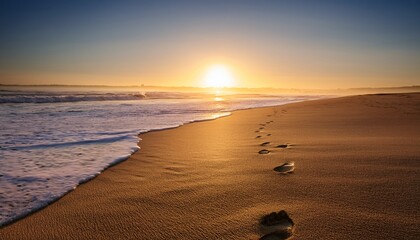 a tranquil beach at sunrise with footprints in the sand leading towards the horizon where the sun is rising