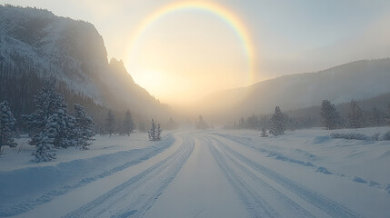 Unreal halo effect in mountains, winter landscape