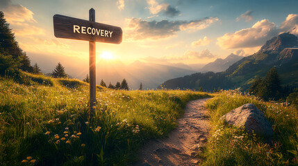 Trail in beautiful summer field, wooden sign reading Recovery