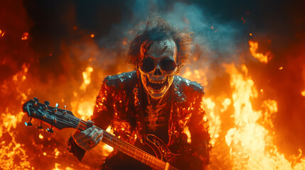 Dead man, skeleton monster, sings at hellish concert