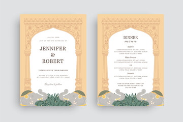Indian Wedding Invitation with Mughal Arch, Floral Motifs, and Decorated Elephants