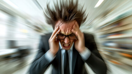 Man clutching his head in fear - panic disorder, stress, mental breakdown
