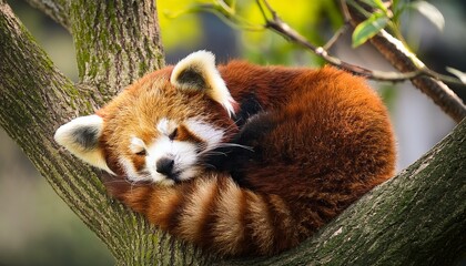 a red panda curled up in a tre
