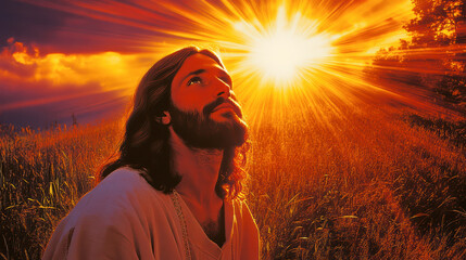 Young Jesus Christ in summer field lit by rays of bright sunlight