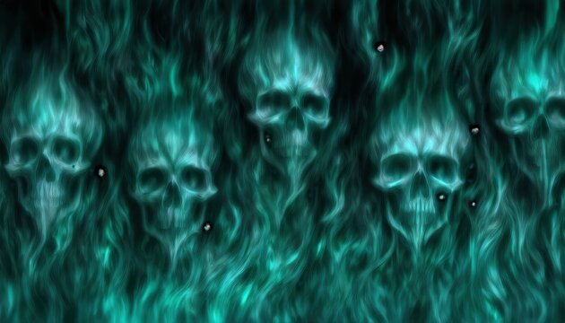 eerie green ghost flames with glowing skull faces emerging from smoky mist for dark halloween wallpaper or spooky decor

