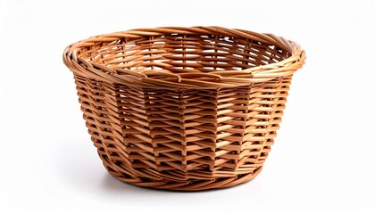 Obraz premium Woven heritage—rounded wicker basket with curved handle, sitting alone on a pristine white surface. Its tight weave and organic texture radiate simplicity and timeless craftsmanship. Neutral tones and