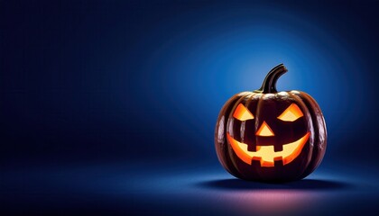glowing carved halloween pumpkin with sinister face on dark blue background for spooky design or party invitation

