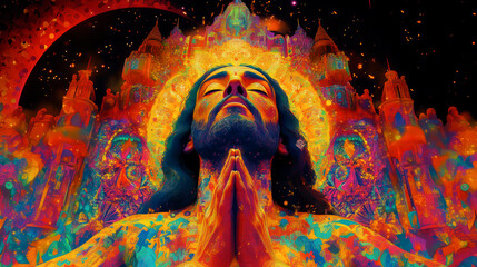 Ornate psychedelic image of praying Jesus Christ