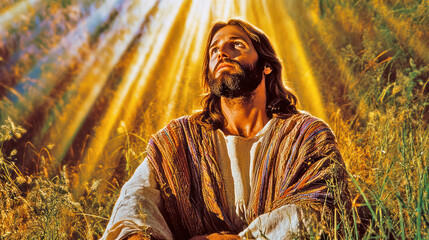 Jesus Christ in field lit by golden divine psychedelic light