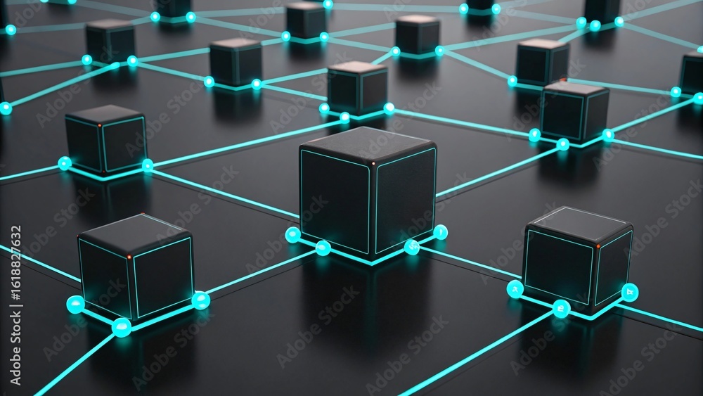Poster black cubes connected by glowing cyan lines and nodes