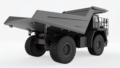 Grayscale dump truck with lifted bed and oversized tires—industrial, rugged, and built for heavy transport.