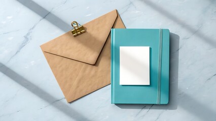 Modern desk scene with turquoise notebook and brown envelope