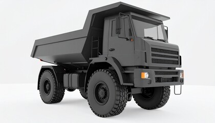 Grayscale dump truck with lifted bed and oversized tires&mdash;industrial, rugged, and built for heavy transport.