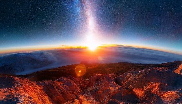 a celestial sunrise a vibrant beam of light pierces through a nebula illuminating a planet s horizon in a breathtaking cosmic spectacle - Powered by Adobe