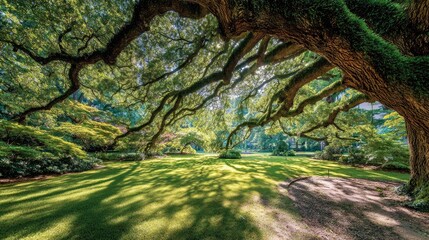 Majestic oak tree canopy over sunlit garden