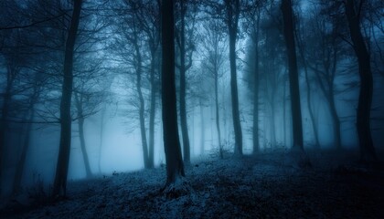 Fototapeta premium haunting blue forest with bare trees in eerie night fog perfect for horror cover or halloween background