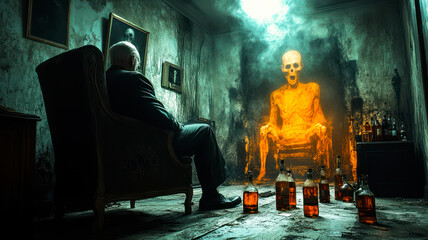 Alcoholic man has delirium tremens and sees things that are not there - figures, ghosts, monsters. A result of heavy drinking