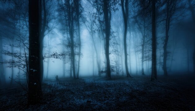 haunting blue forest with bare trees in eerie night fog perfect for horror cover or halloween background

 - Powered by Adobe