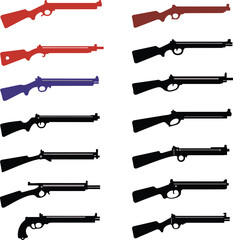 A comprehensive collection of various stylized rifles, a set of detailed vector silhouettes depicting different types of hunting and military firearms and weapons for design projects.