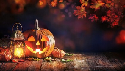 glowing jack o lantern with vintage lantern on rustic wood table in autumn night setting for halloween decor or greeting card


