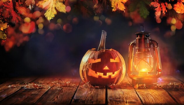 glowing jack o lantern with vintage lantern on rustic wood table in autumn night setting for halloween decor or greeting card

