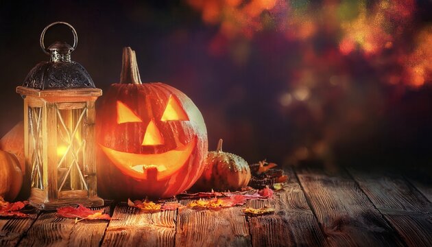 glowing jack o lantern with vintage lantern on rustic wood table in autumn night setting for halloween decor or greeting card

