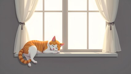 Cat Resting on Windowsill with Soft Curtains and Gentle Light