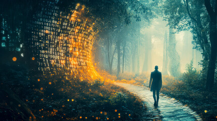 Man's figure walking in environment created of digital and natural details