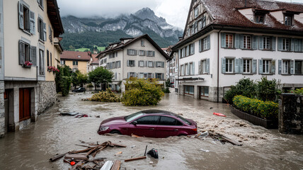 Heavy land-flood on town streets, wrecked cars, mud and debris everywhere, natural disaster