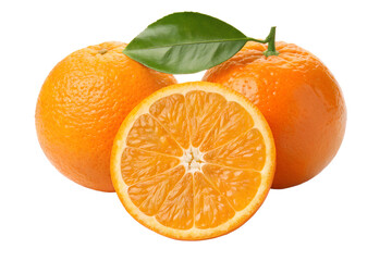 Fresh Oranges with Sliced Fruit and Green Leaf on Transparent Background