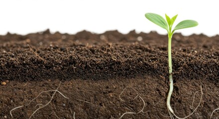 Fototapeta premium Sprout emerging from soil, showing roots, new life, nature, and growth on white background.
