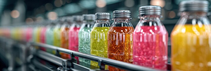 Colorful beverage bottles line the production conveyor belt in a busy factory during the afternoon