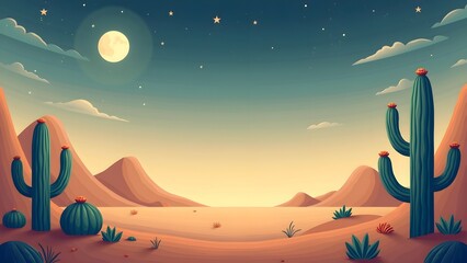 Flat Illustration of a Peaceful Desert with Cacti and Stars