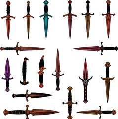 Set of colorful ornate fantasy daggers and small swords vector illustration on white background, perfect for game art, medieval themes, or decorative designs. © VectaNoor