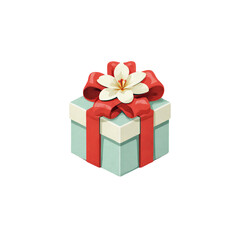 3D cartoon gift box with red ribbon and flower on top, flat design for sticker,  soft color palette.png isolated on transparent background